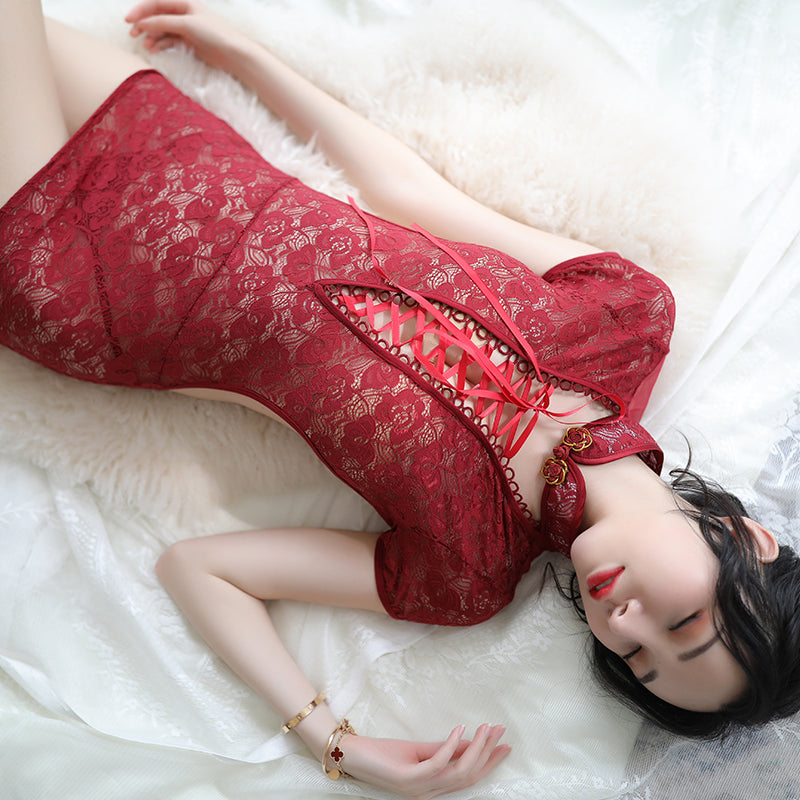 诱惑蕾丝透明镂空绑带旗袍（黑/红）（均码/加大码）